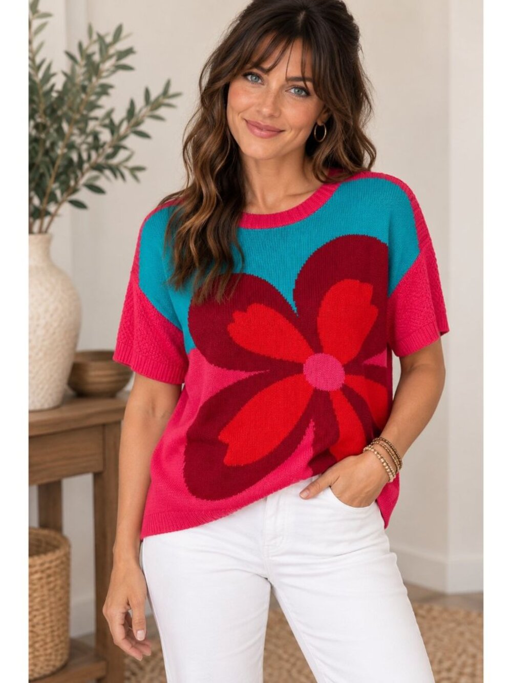 Soft Surroundings Biosphere Color Block Flower Short Sleeve Sweater Size PXL